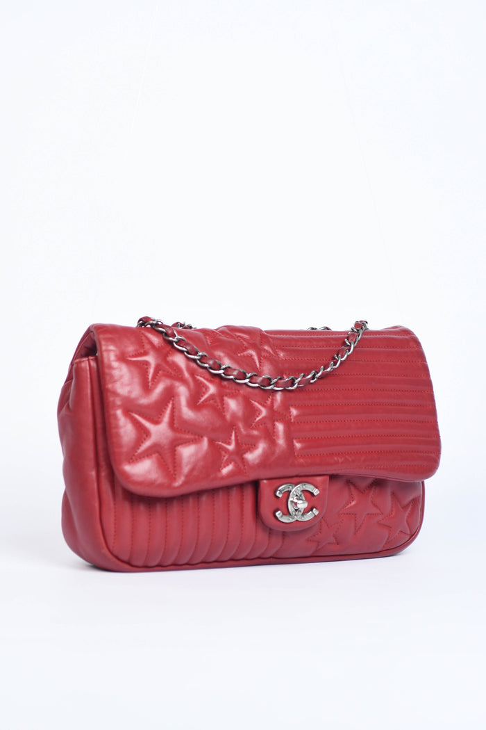 2014 Chanel Red Lambskin Stripes and Stars Single Flap Shoulder Bag