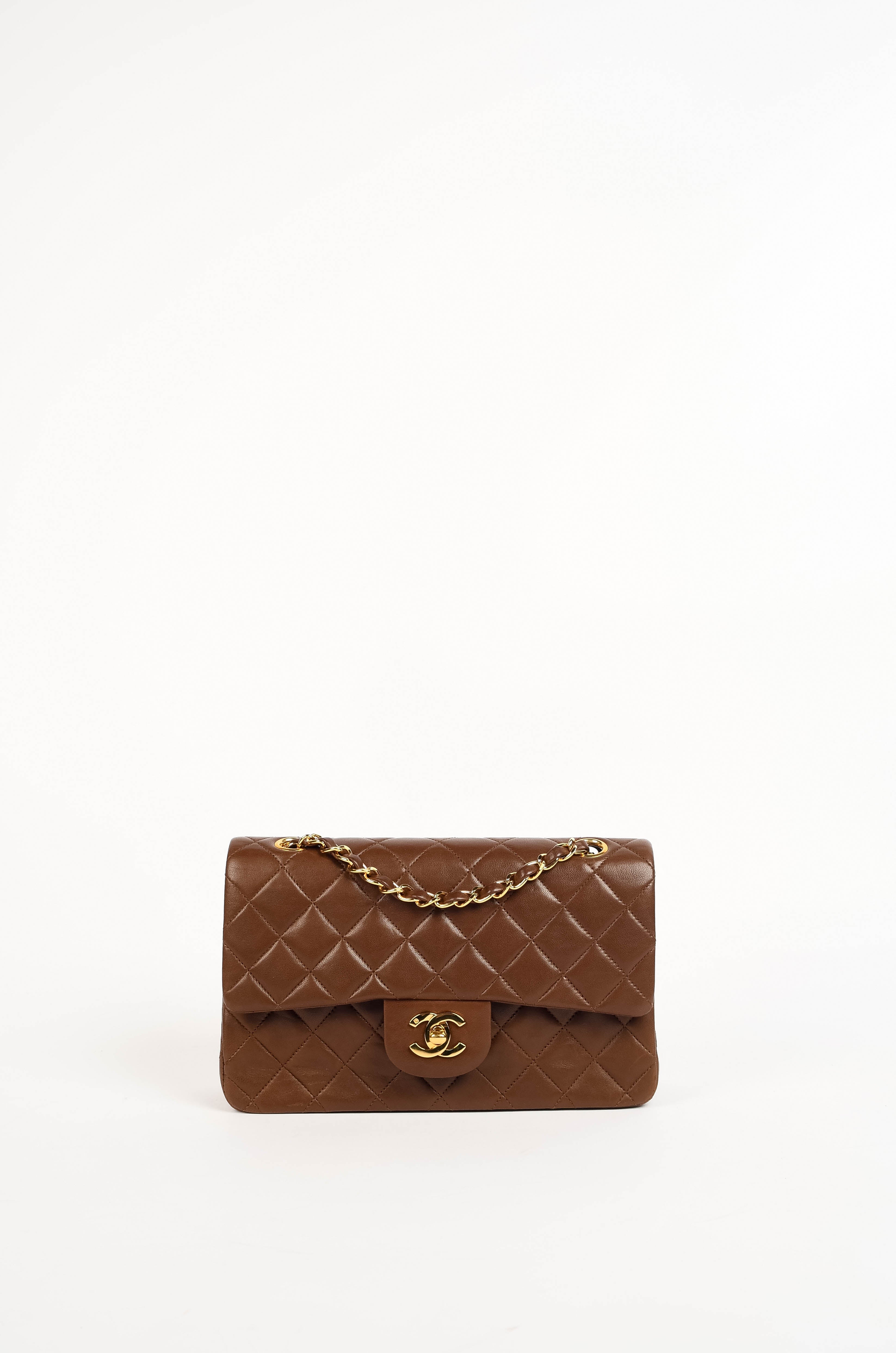 RARE 90s Chanel Brown Lambskin Leather Medium Classic Double Flap