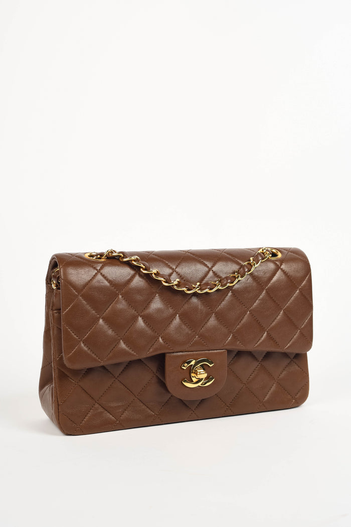 RARE 90s Chanel Brown Lambskin Leather Medium Classic Double Flap Shoulder Bag