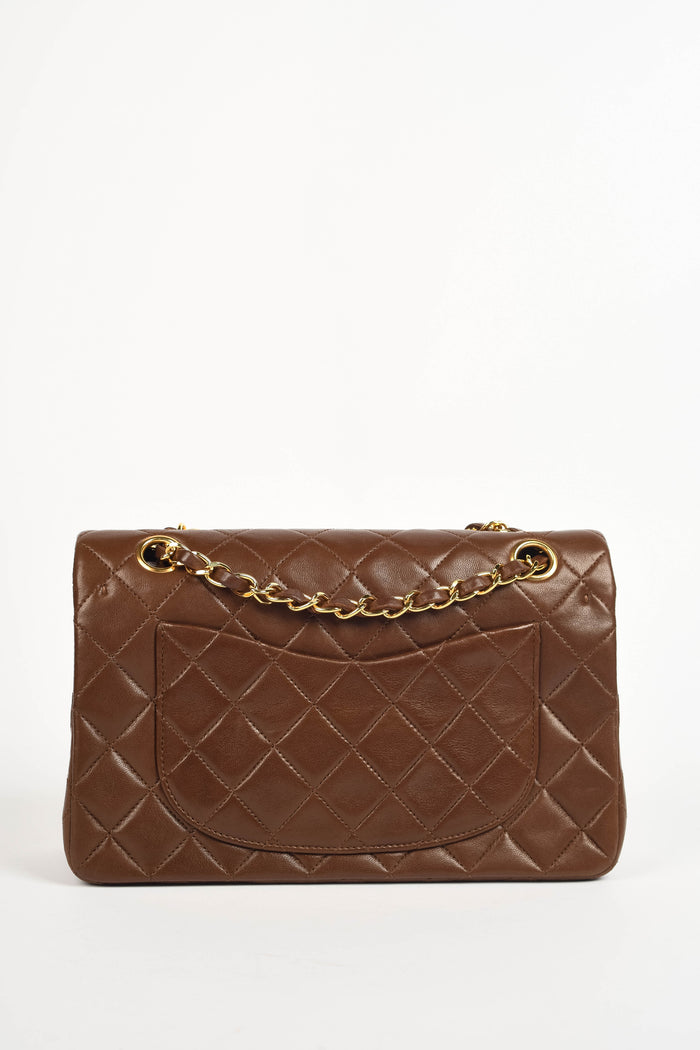 RARE 90s Chanel Brown Lambskin Leather Medium Classic Double Flap Shoulder Bag