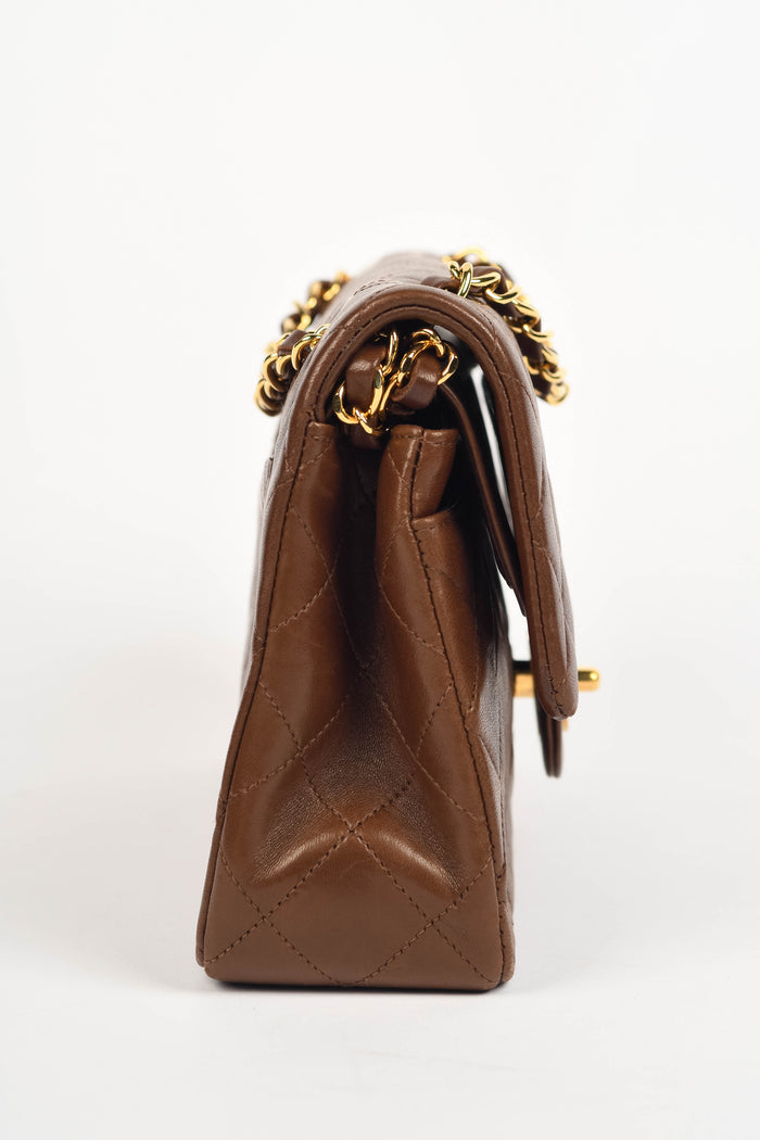 RARE 90s Chanel Brown Lambskin Leather Medium Classic Double Flap Shoulder Bag