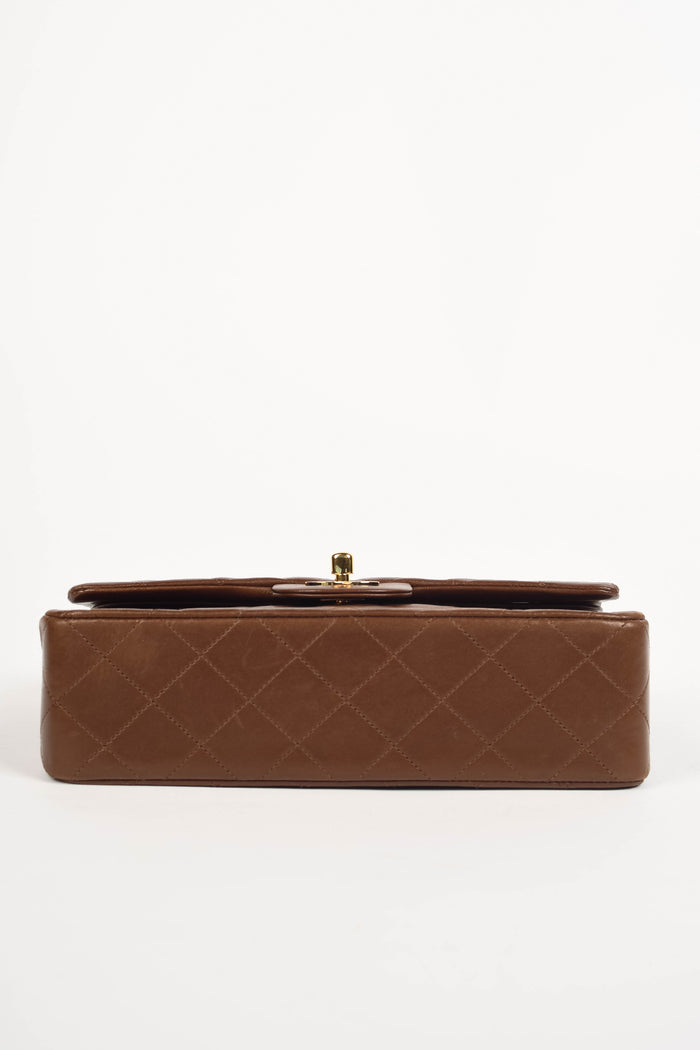 RARE 90s Chanel Brown Lambskin Leather Medium Classic Double Flap Shoulder Bag
