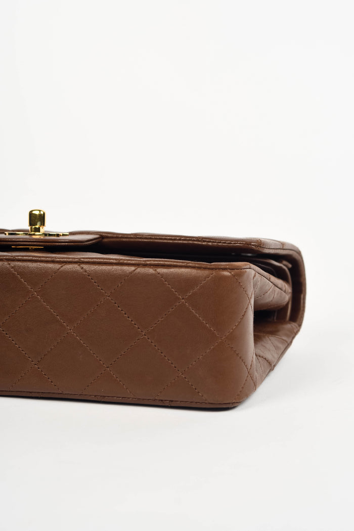 RARE 90s Chanel Brown Lambskin Leather Medium Classic Double Flap Shoulder Bag
