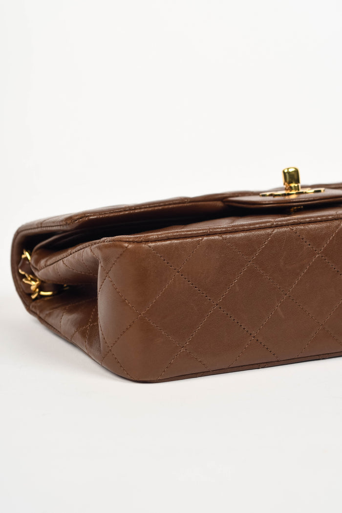 RARE 90s Chanel Brown Lambskin Leather Medium Classic Double Flap Shoulder Bag