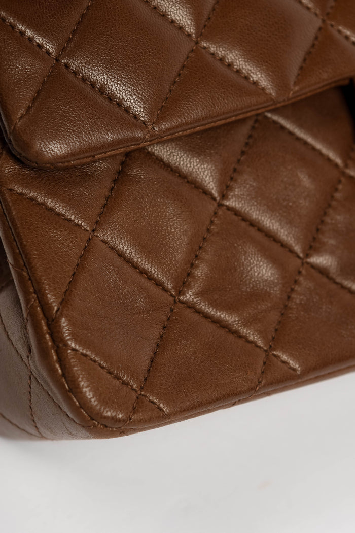 RARE 90s Chanel Brown Lambskin Leather Medium Classic Double Flap Shoulder Bag