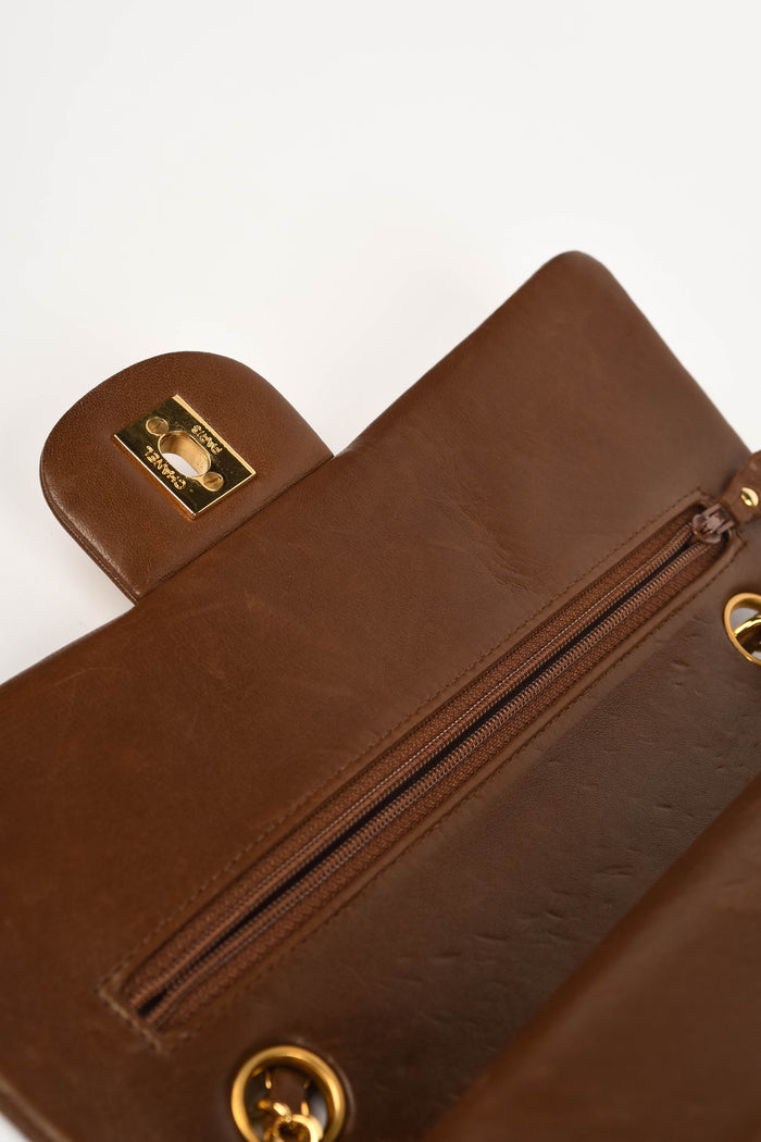 RARE 90s Chanel Brown Lambskin Leather Medium Classic Double Flap Shoulder Bag