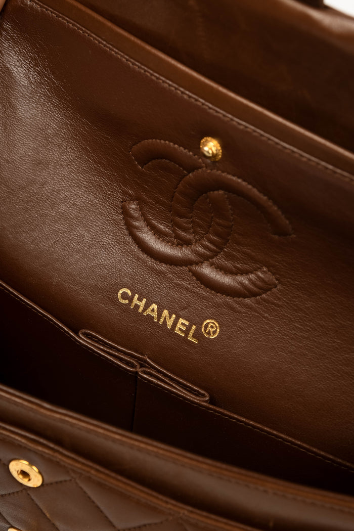RARE 90s Chanel Brown Lambskin Leather Medium Classic Double Flap Shoulder Bag