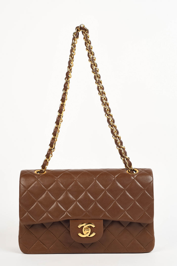 RARE 90s Chanel Brown Lambskin Leather Medium Classic Double Flap Shoulder Bag