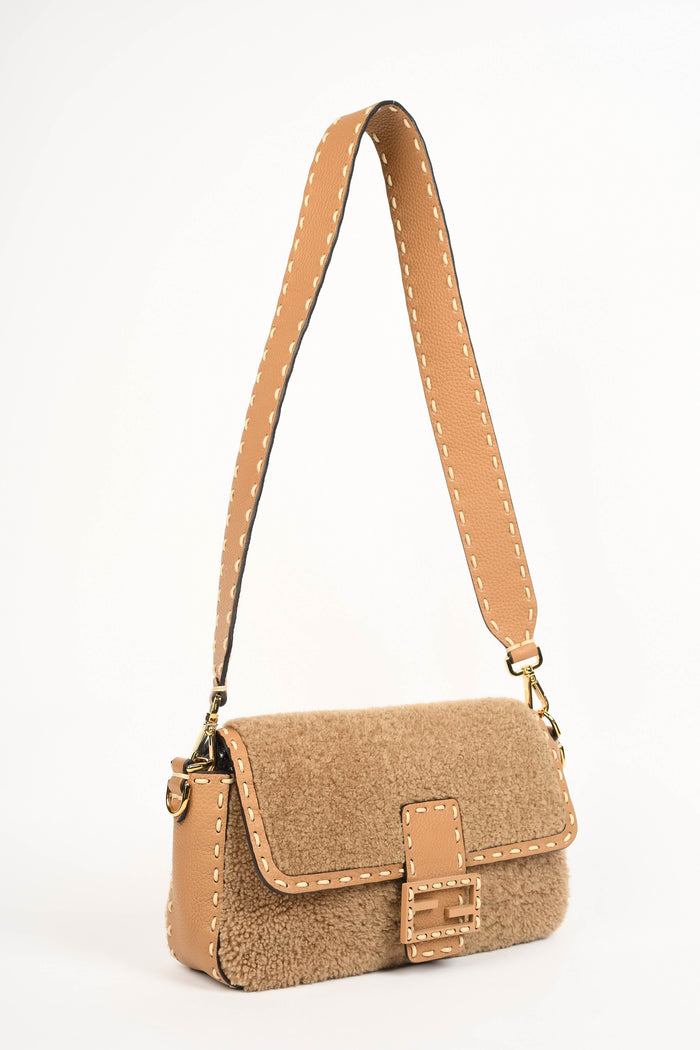 2020s Fendi Beige Shearling Selleria Baguette Crossbody Bag
