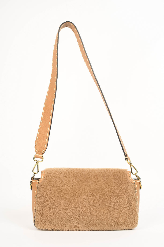 2020s Fendi Beige Shearling Selleria Baguette Crossbody Bag