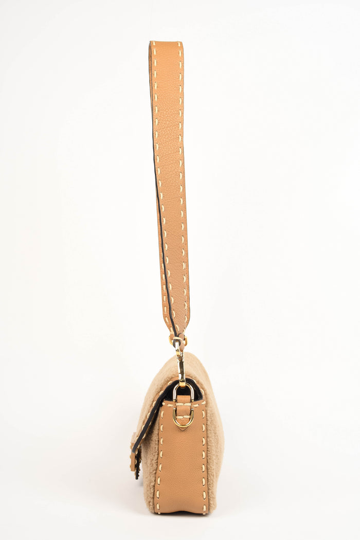 2020s Fendi Beige Shearling Selleria Baguette Crossbody Bag
