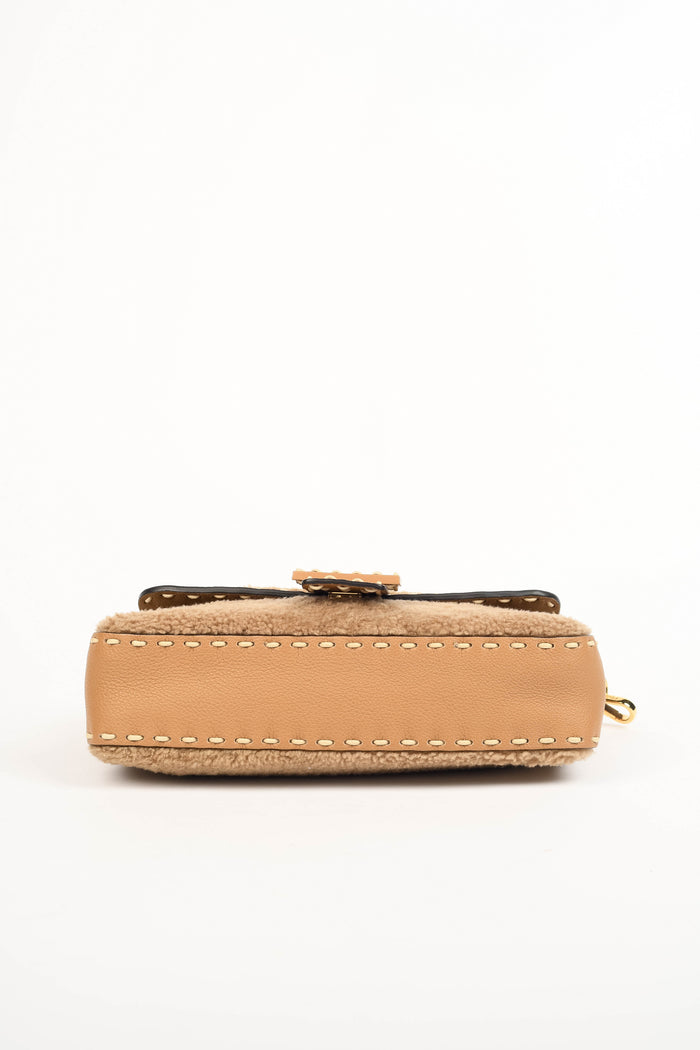 2020s Fendi Beige Shearling Selleria Baguette Crossbody Bag