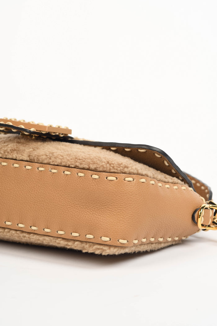2020s Fendi Beige Shearling Selleria Baguette Crossbody Bag