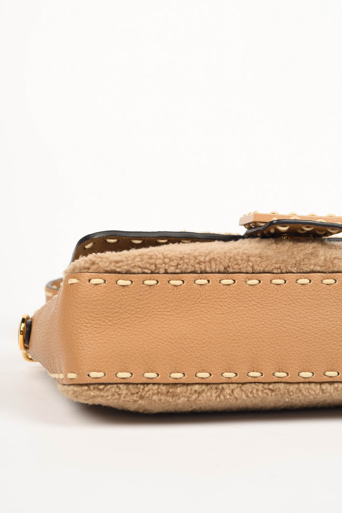 2020s Fendi Beige Shearling Selleria Baguette Crossbody Bag