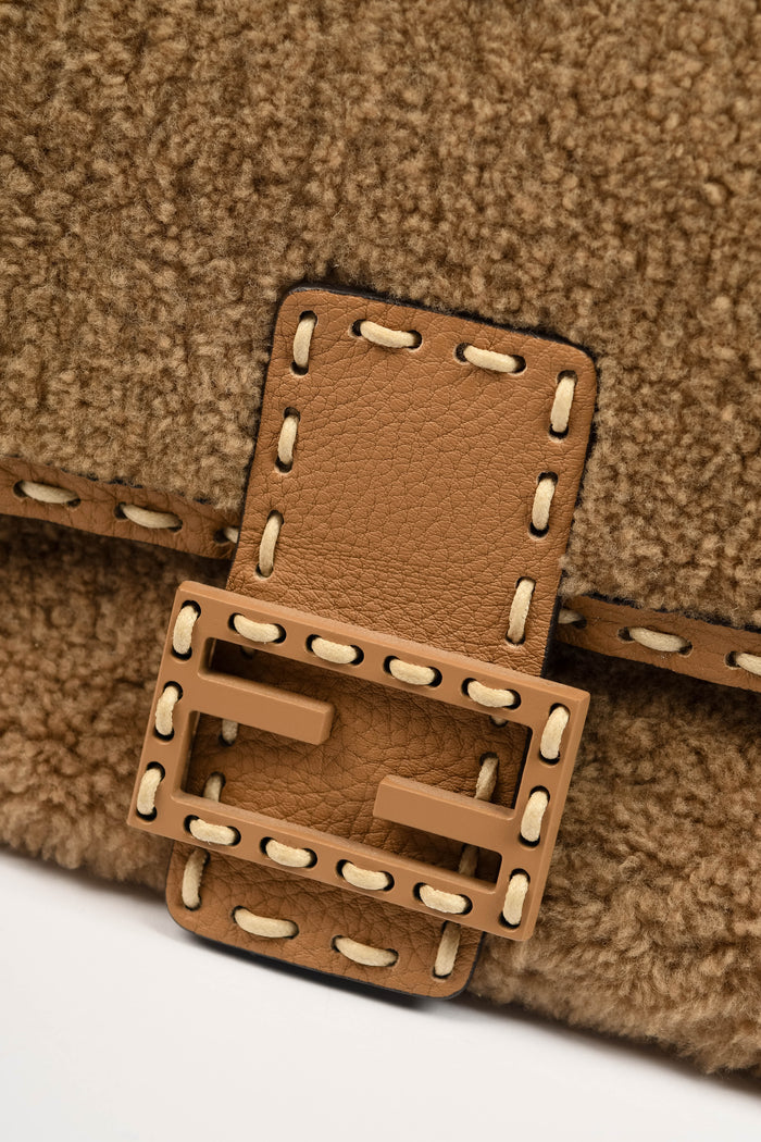 2020s Fendi Beige Shearling Selleria Baguette Crossbody Bag