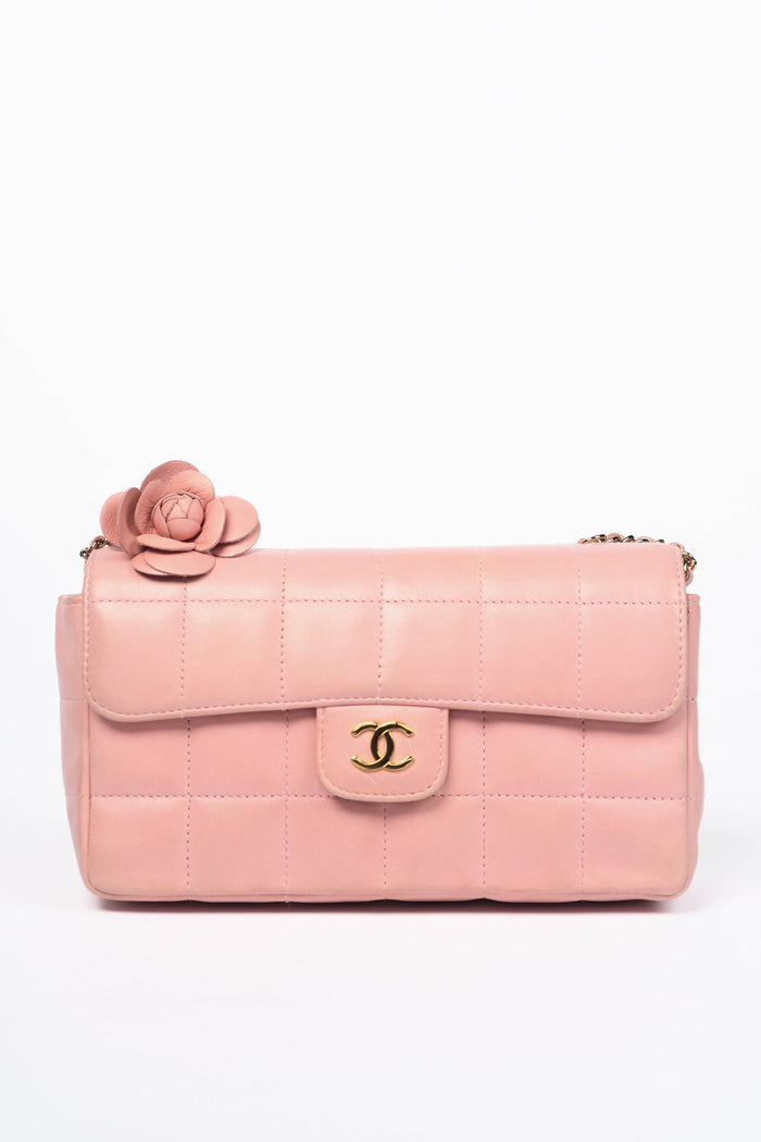 2000s Chanel Pink Lambskin Mini Camellia Chocolate Bar Crossbody Bag