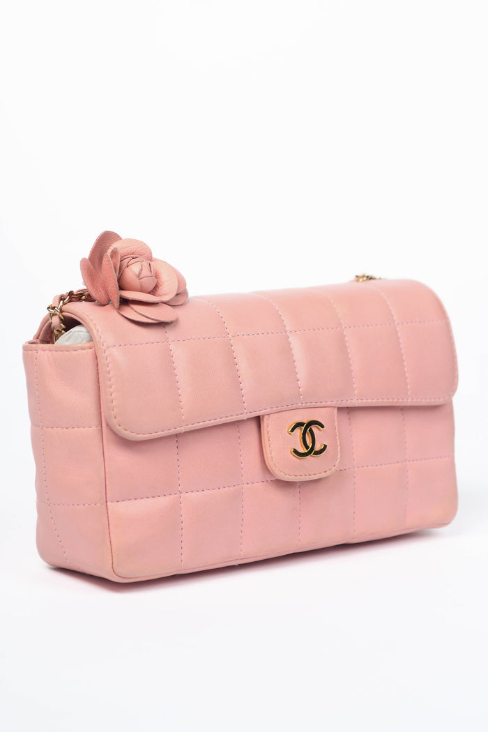 2000s Chanel Pink Lambskin Mini Camellia Chocolate Bar Crossbody Bag