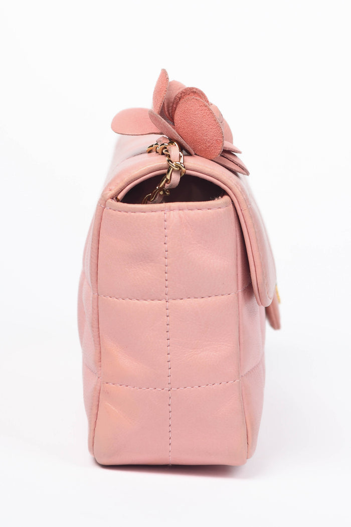 2000s Chanel Pink Lambskin Mini Camellia Chocolate Bar Crossbody Bag