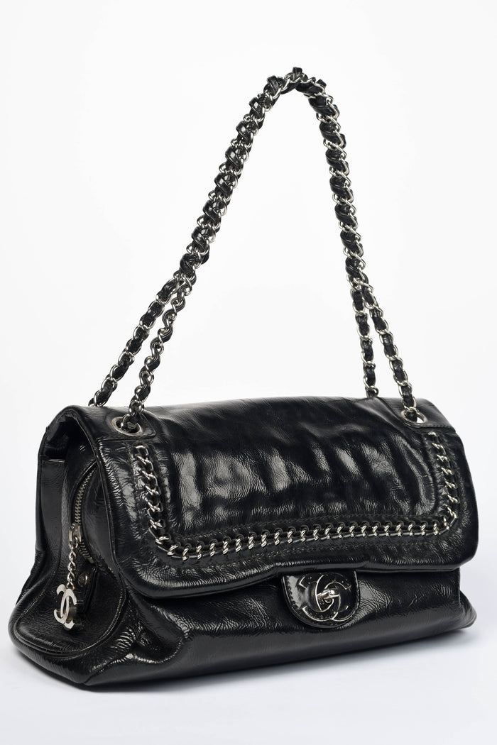 2000s Chanel Black Patent Leather Luxe Ligne Flap Bag