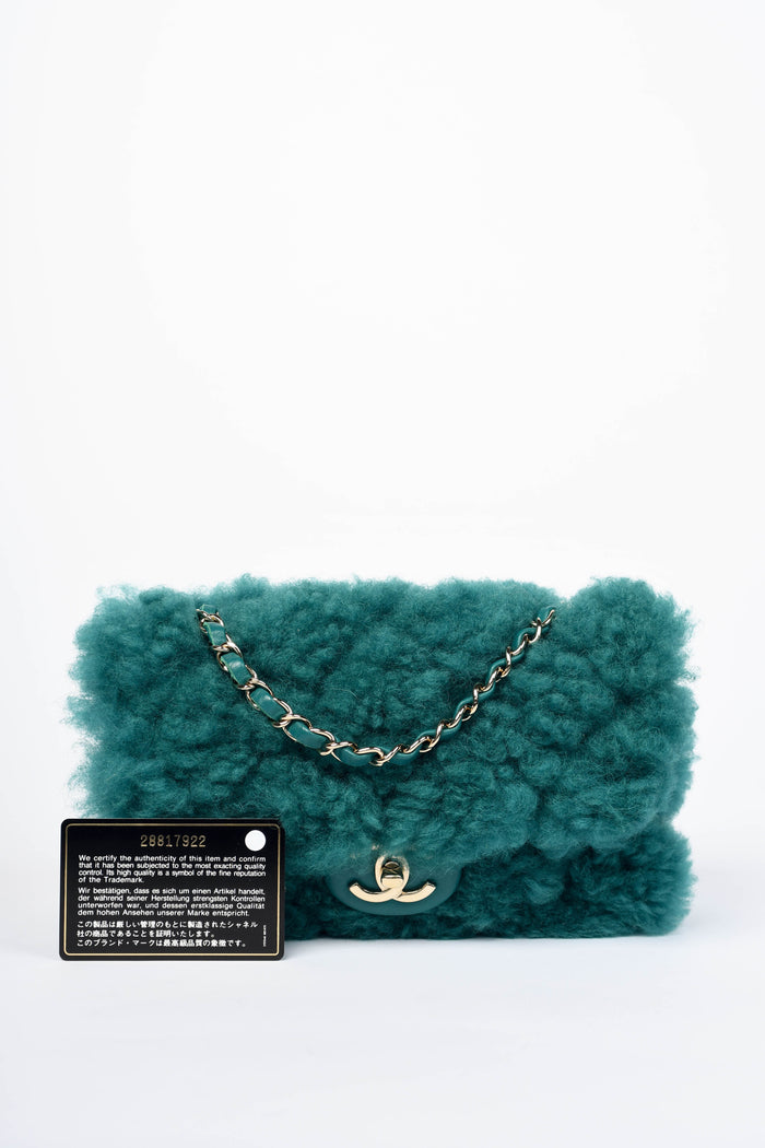 2019 Chanel Green Shearling Single Flap Shoulder Bag