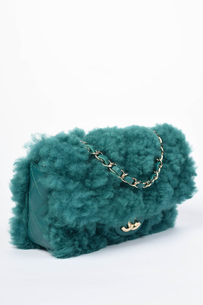 2019 Chanel Green Shearling Single Flap Shoulder Bag