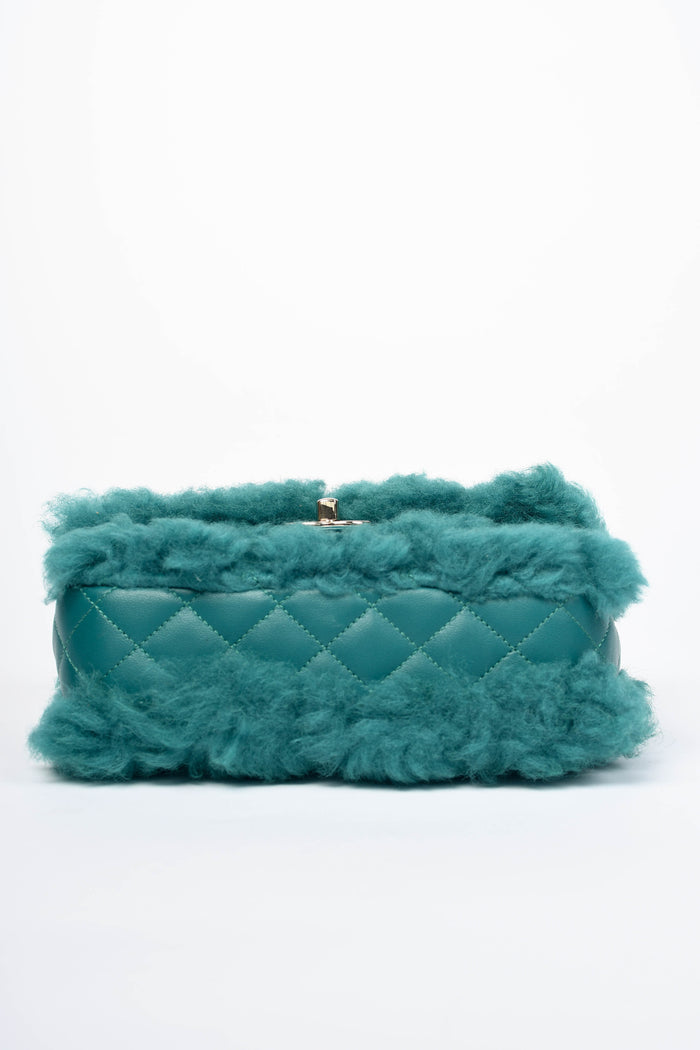 2019 Chanel Green Shearling Single Flap Shoulder Bag