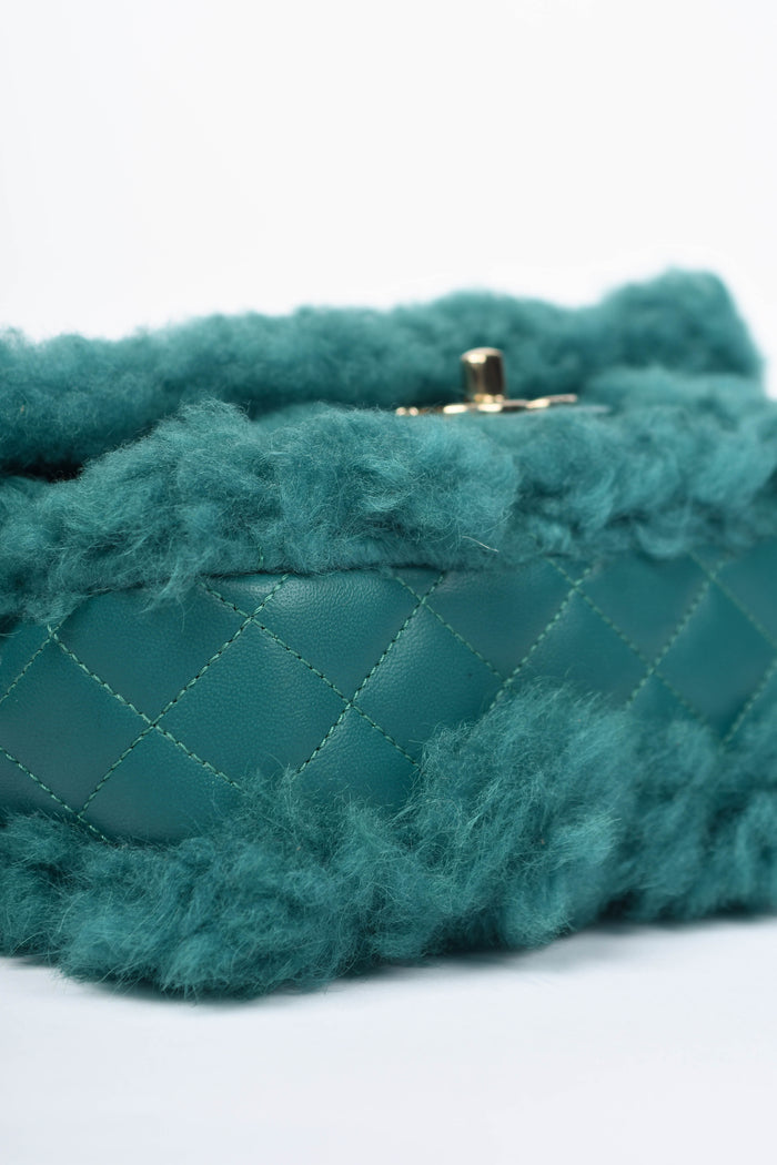 2019 Chanel Green Shearling Single Flap Shoulder Bag