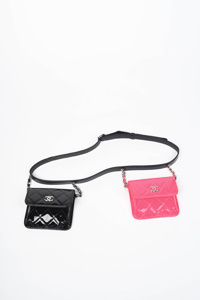 2019 Chanel Pink and Black Patent Leather Mini Flap Belt Bag