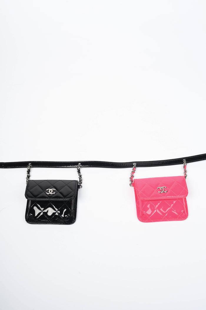2019 Chanel Pink and Black Patent Leather Mini Flap Belt Bag