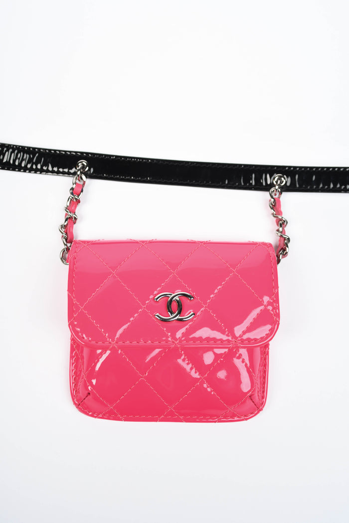 2019 Chanel Pink and Black Patent Leather Mini Flap Belt Bag