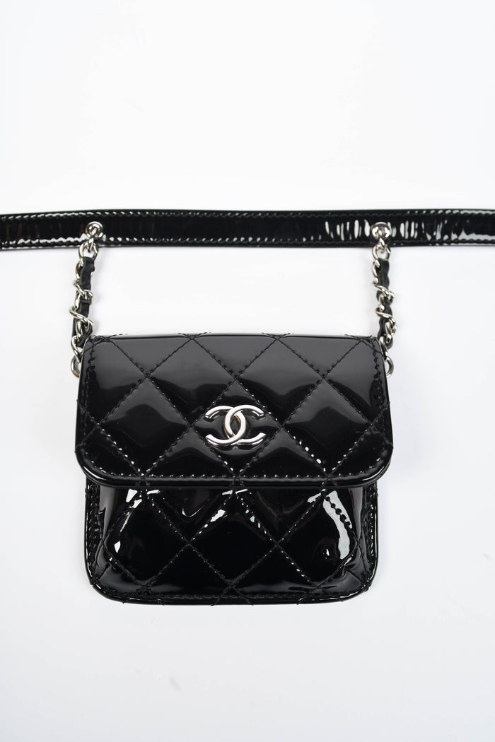 2019 Chanel Pink and Black Patent Leather Mini Flap Belt Bag