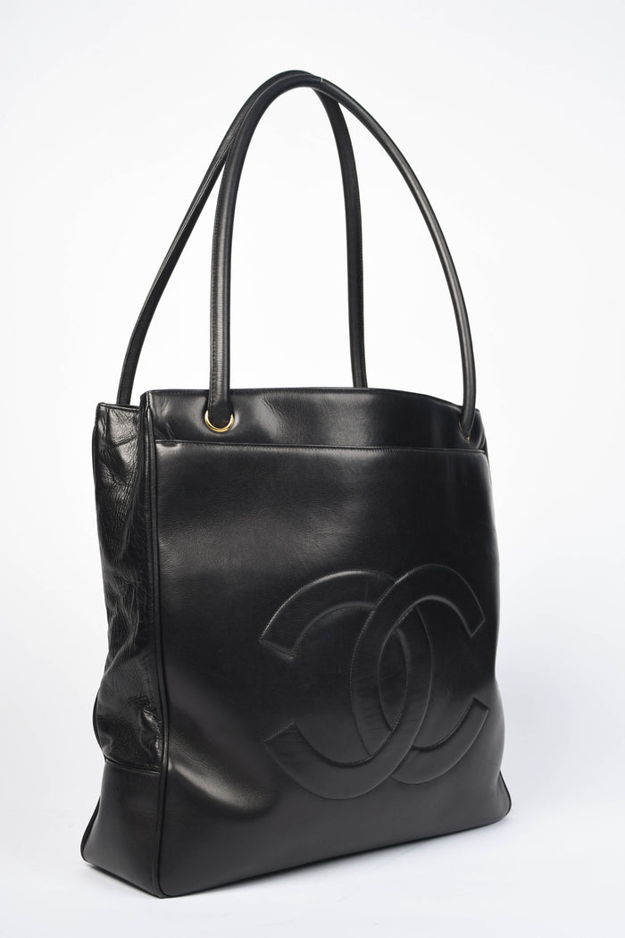 90s Chanel Black Lambskin Leather CC Tote Bag