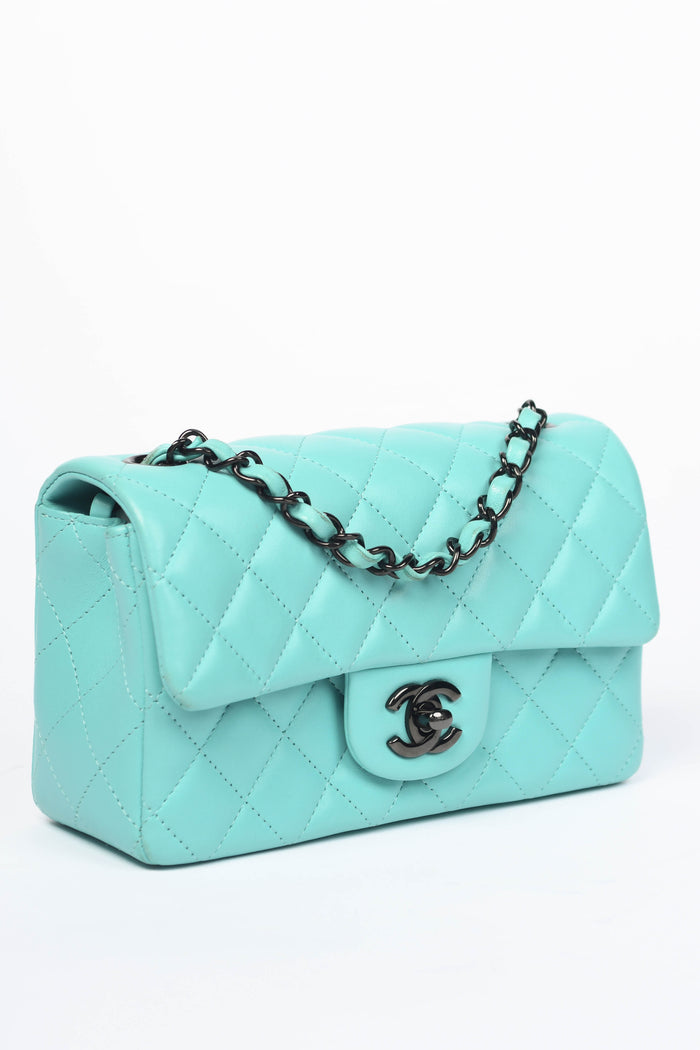 2020s Chanel Tiffany Blue Lambskin Leather Mini Rectangular Flap Shoulder Bag
