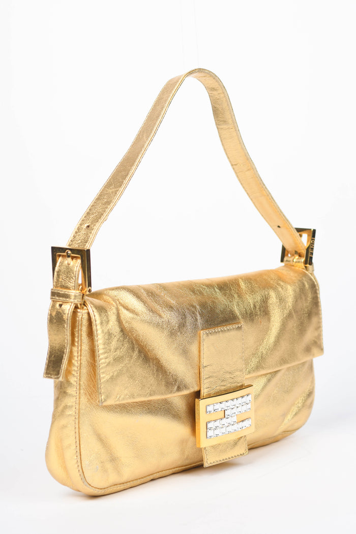 RARE Fendi Gold Lambskin and Crystal Baguette Shoulder Bag