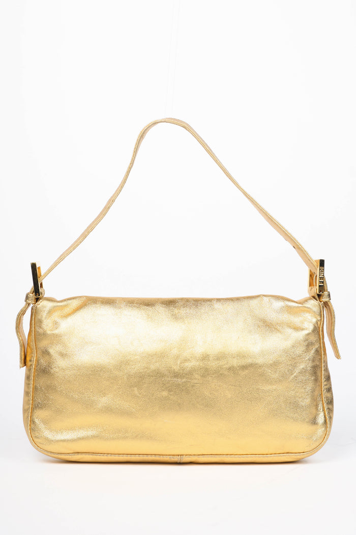 RARE Fendi Gold Lambskin and Crystal Baguette Shoulder Bag