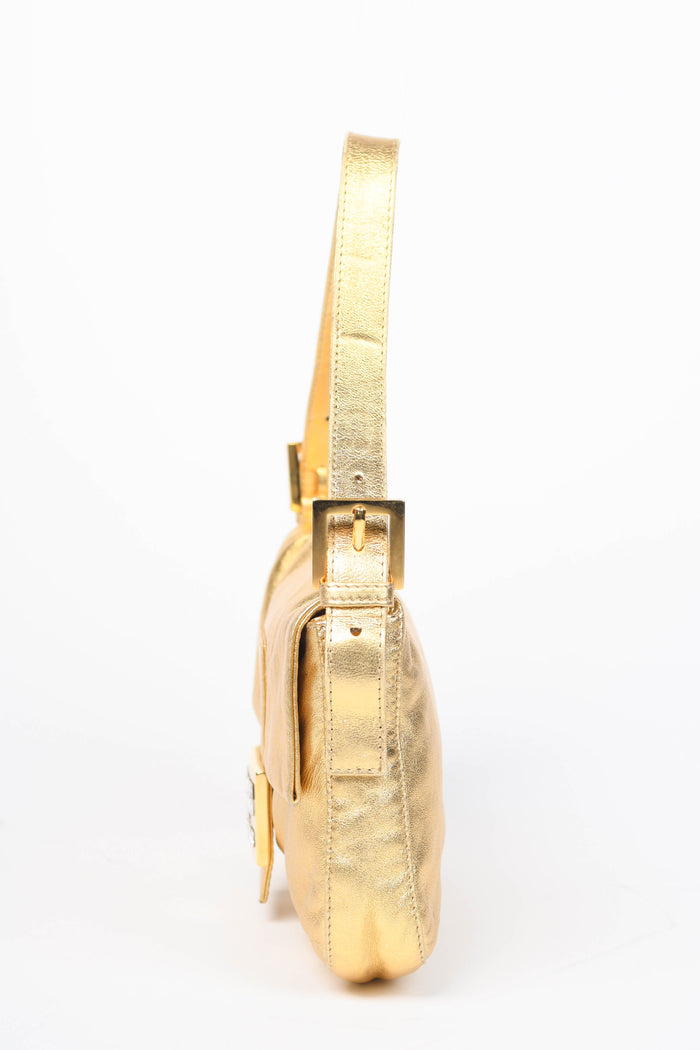 RARE Fendi Gold Lambskin and Crystal Baguette Shoulder Bag