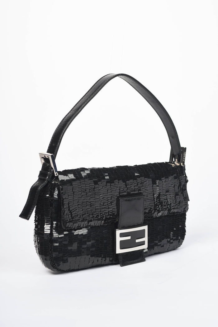 RARE Vintage Fendi Black Sequin Baguette Shoulder Bag