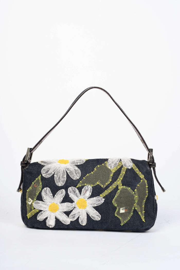 Vintage Fendi Denim Baguette with Mesh Flower Appliqué