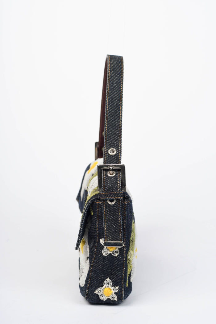 Vintage Fendi Denim Baguette with Mesh Flower Appliqué