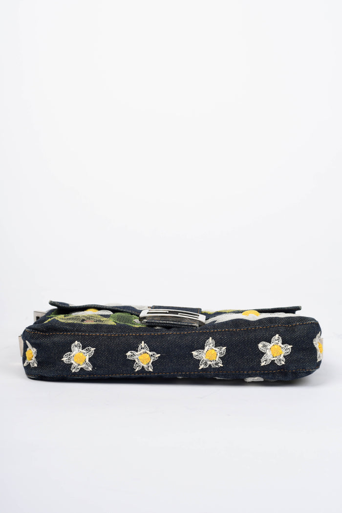 Vintage Fendi Denim Baguette with Mesh Flower Appliqué