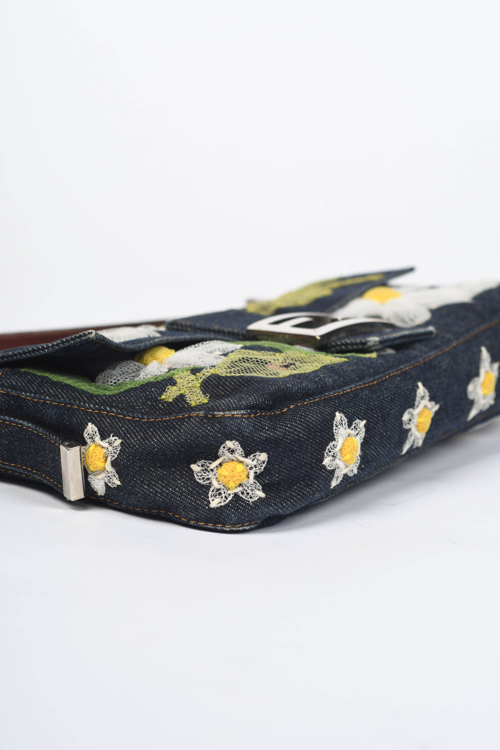Vintage Fendi Denim Baguette with Mesh Flower Appliqué