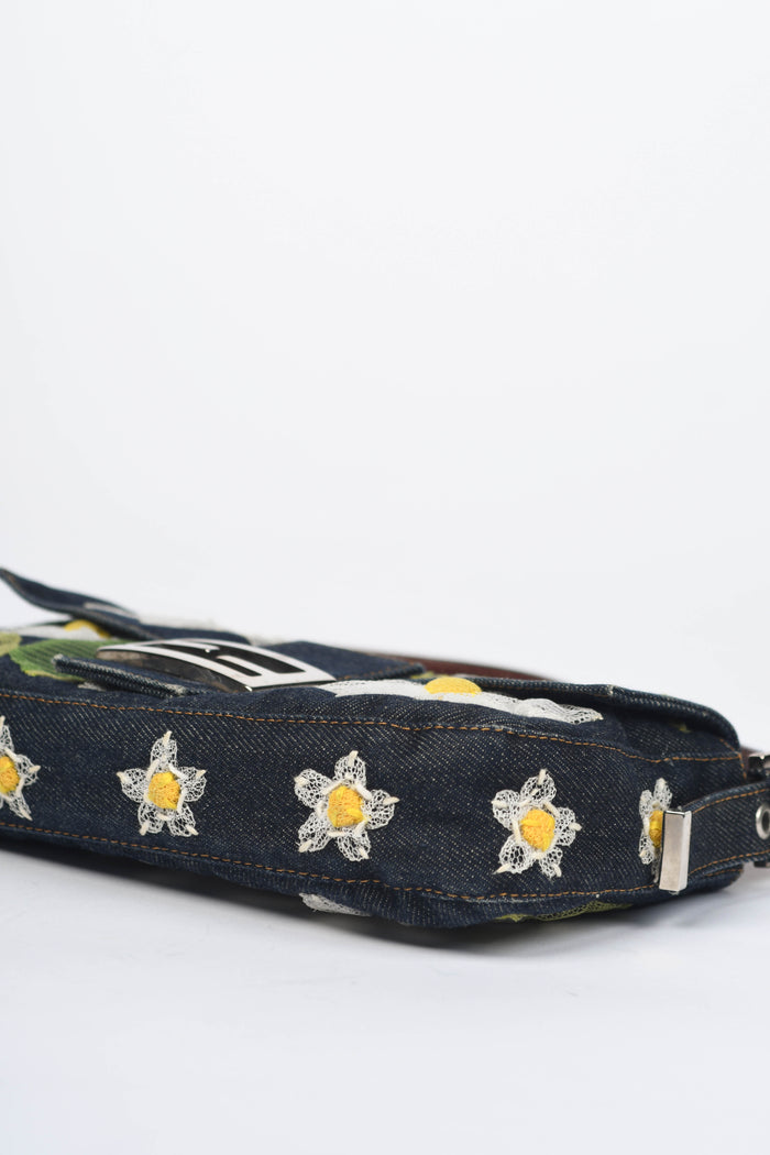 Vintage Fendi Denim Baguette with Mesh Flower Appliqué
