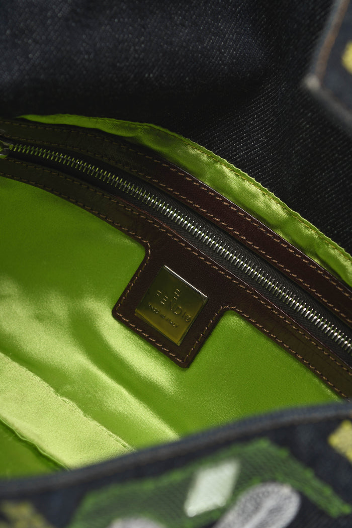 Vintage Fendi Denim Baguette with Mesh Flower Appliqué