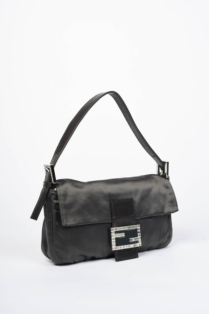 Vintage Fendi Charcoal Grey Satin Crystal Baguette Shoulder Bag