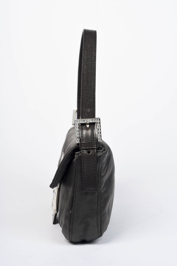 Vintage Fendi Charcoal Grey Satin Crystal Baguette Shoulder Bag