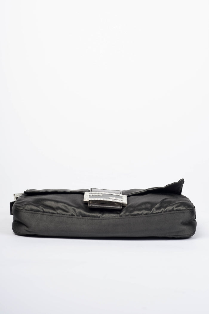 Vintage Fendi Charcoal Grey Satin Crystal Baguette Shoulder Bag