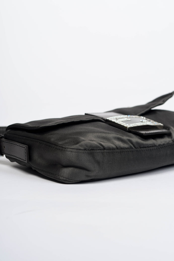 Vintage Fendi Charcoal Grey Satin Crystal Baguette Shoulder Bag