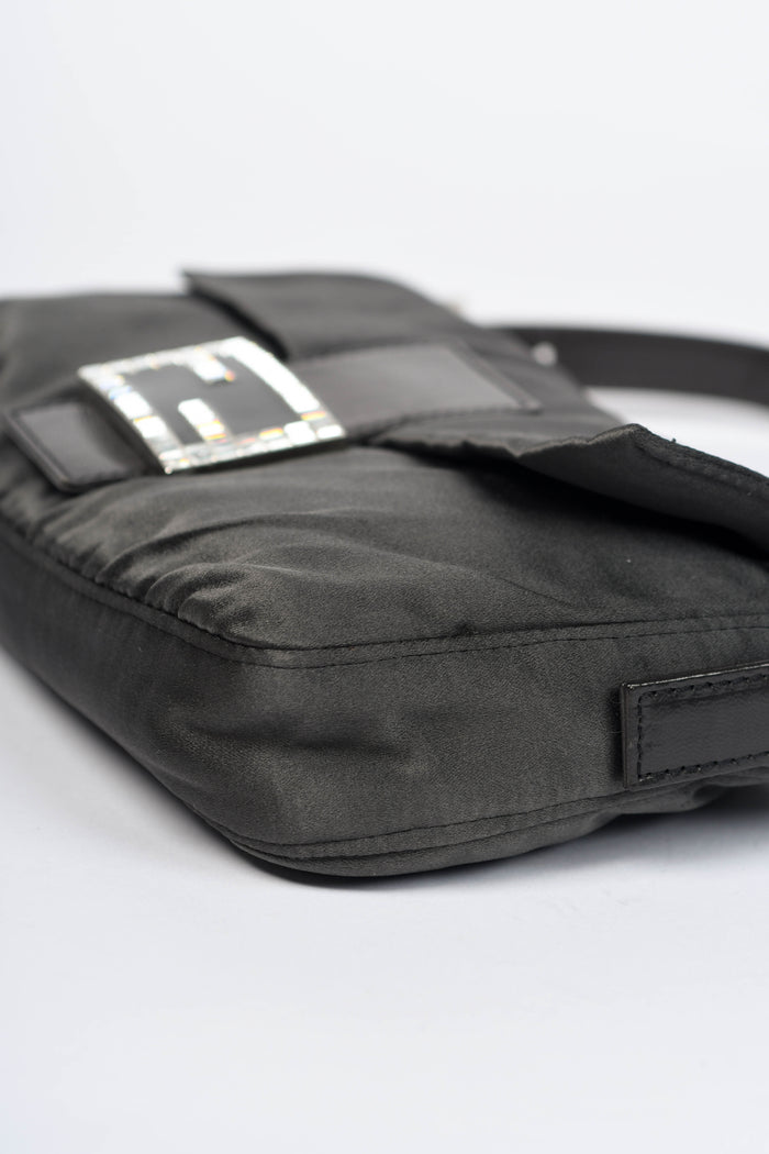 Vintage Fendi Charcoal Grey Satin Crystal Baguette Shoulder Bag