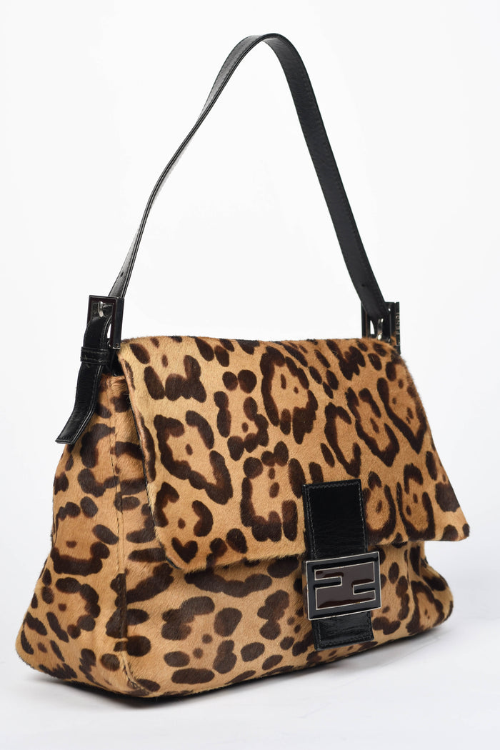Vintage Fendi Leopard Print Pony Hair Mamma Baguette Shoulder Bag