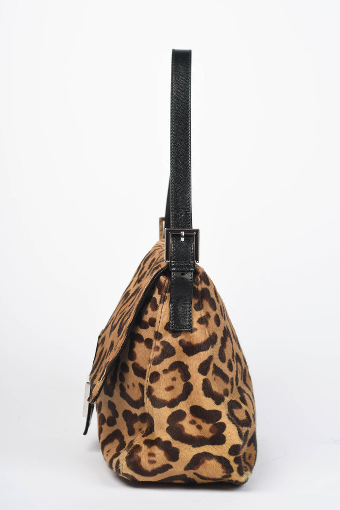 Vintage Fendi Leopard Print Pony Hair Mamma Baguette Shoulder Bag